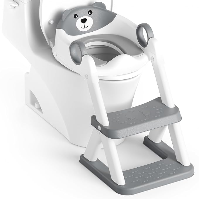 Potty Training Seat, Upgrade Toddler Toilet Seat for Kids Boys Girls, 2 in 1 Potty Training Toilet, Splash Guard Anti-Slip Pad Step Stool(Grey-Pu)