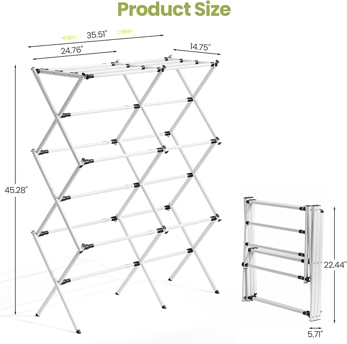 Oversized Clothes Drying Rack, 45.28" H × 14.57" D | Foldable & Extendable, Adjustable Size (24.76"-35.51"L), Space-Saving, Rust-Resistant Frame, Indoor/Outdoor Use, White