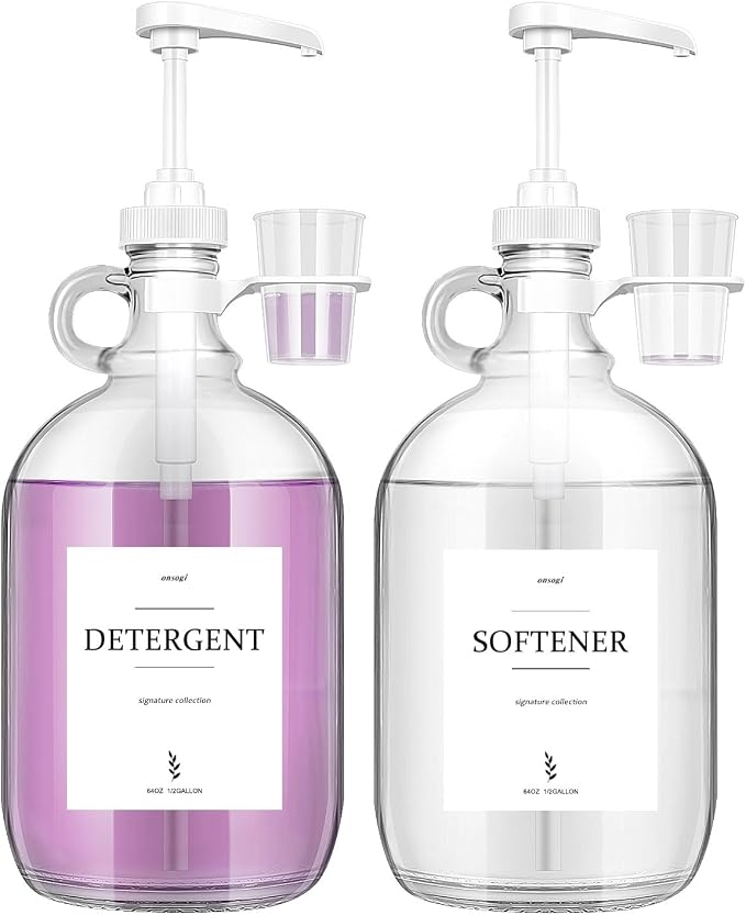 2 Pcs Glass Liquid Laundry Detergent Dispenser with Cup Holders, Half Gallon Dispenser for Laundry Room (64 oz. Each), Laundry Detergent Bottles with Pump Dispenser -Includes Labels, Measuring Cups