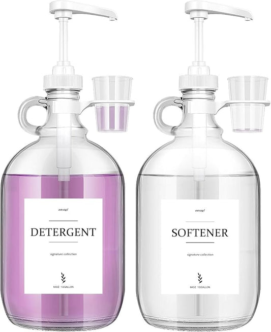 2 Pcs Glass Liquid Laundry Detergent Dispenser with Cup Holders, Half Gallon Dispenser for Laundry Room (64 oz. Each), Laundry Detergent Bottles with Pump Dispenser -Includes Labels, Measuring Cups