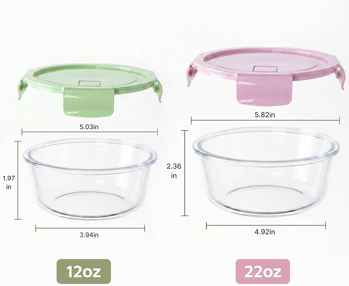 4 PACK 12oz & 22oz Round Glass Meal Prep Containers with Airtight Lids，Container Set,Food bowls for Leftover，Microwave, Dishwasher, Oven，and Freezer Safe