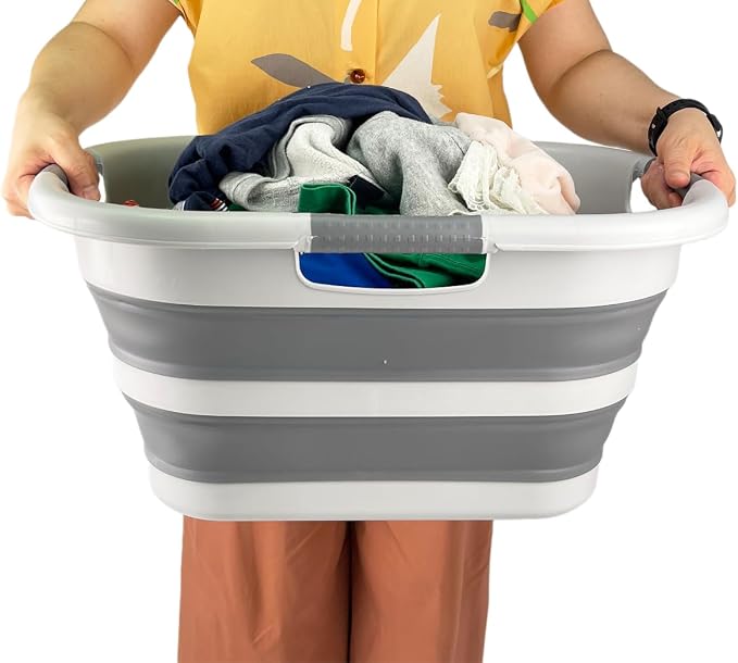 SAMMART 30L (7.9 gallon) Collapsible Plastic Laundry Basket - Foldable Pop Up Storage Container/Organizer - Portable Washing Tub - Space Saving Hamper/Basket (1, Grey/Deep Grey)