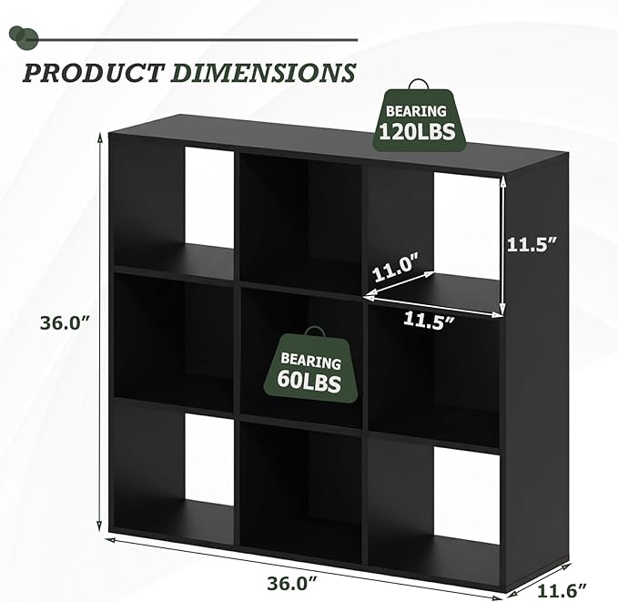 9 Cube Storage Organizer, Reversible Bookcase Shelf | Open Cube Bookshelf, Large Modern Storage for Living Room, Bedroom & Office, Black
