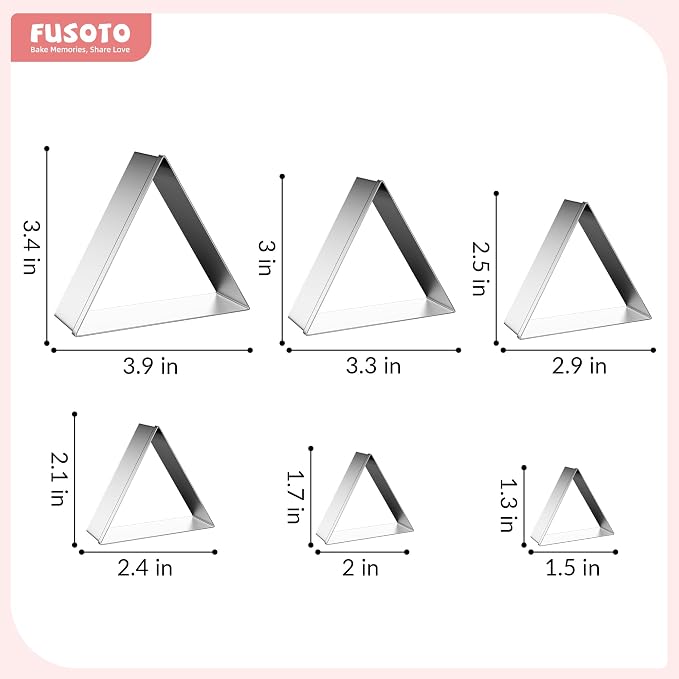 FUSOTO 6PCS Triangle Cookie Cutter Set, Stainless Steel Kitchen Baking Supplies, for Biscuit, Homemade Cookies, Cake Decorating, Geometric Cookie Cutter, (1.5", 2", 2.5", 3", 3.5", 4"), Triangle