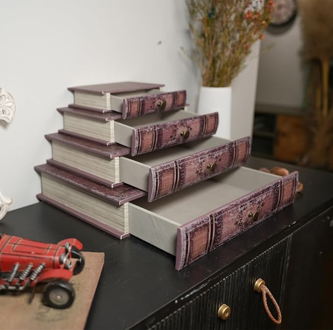 Book Storage Box with Drawer, Distressed Reddish Brown Faux Leather Cover with Classic Damask Pattern, Hidden Vintage-Style Organizer for Jewelry or Keepsakes, 9.5″ x 6.7″ x 2″