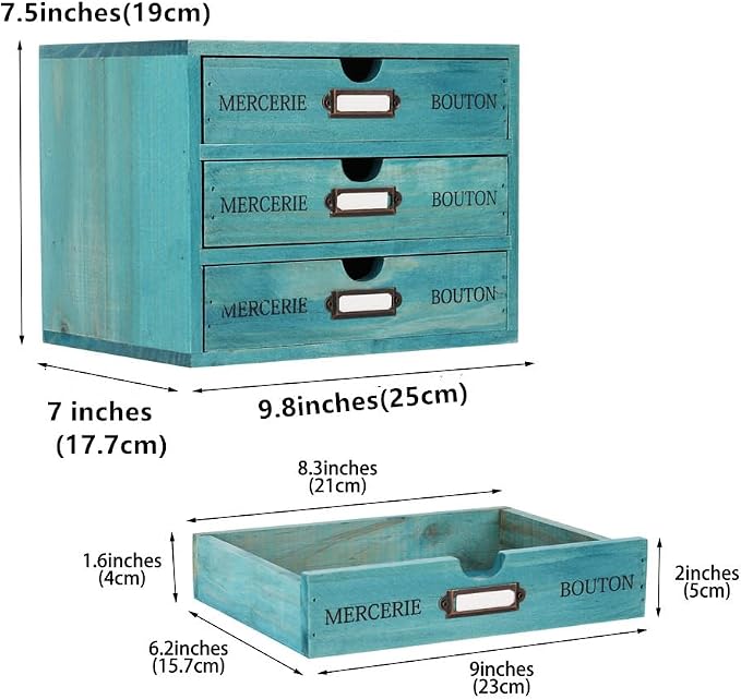 Small Wooden Drawers Wooden Box with Drawer Blue | 3 Drawer Storage Box for Apothecary Cabinet, Apothecary Drawers，Desktop Organizer with Metal Handles for Office，Home