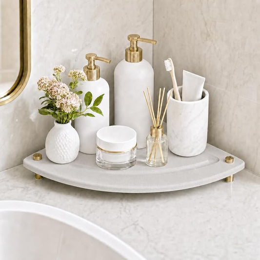 Corner Counter Shelf, Water Absorbing Stone Drying Tray Mat for Kitchen & Bathroom Sink, Diatomaceous Gold Faucet Coaster Soap Dish Rack Riser Dispenser Sponge Holder, Beige, 8.5" x 8.5"