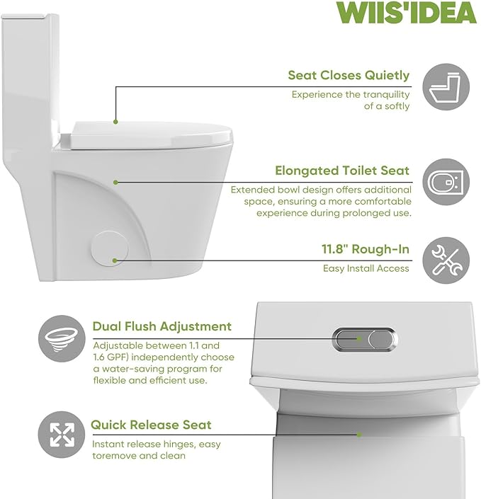 Modern One Piece Elongated Toilet, Dual Flush 1/1.6 GPF, 17" Comfort Height, 15.5" Soft-Close Seat, Quiet & Anti-Clog, Water-Saving, 12" Rough-In, Easy Install (White, 27.17"x15.55"x30.71")