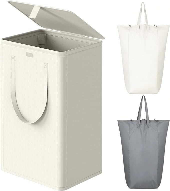 WOWLIVE 100L Laundry Hamper with Lid, Tall Dirty Laundry Basket for Dorm | Large Collapsible Dirty Clothes Hamper with 2 Removable Bags and Handles for Laundry Room, College Dorm, Beige
