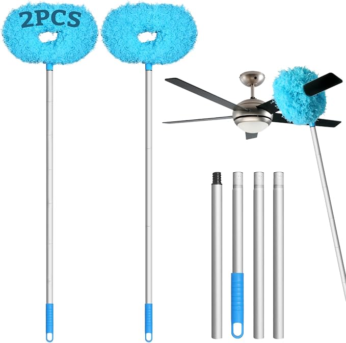 Eunice 13-50 Inches Ceiling Fan Duster with Extension Pole | Extendable Microfiber Cleaning Brush for High Ceiling, Blades, Cobwebs, Adjustable Dusting Tool for Window,Door(2Pcs Blue)