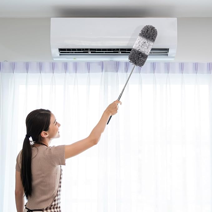 Tanlade 12 Pcs Microfiber Feather Duster for Cleaning, Extendable 13-31 Inch Ceiling Fan Duster with Bendable Head, Washable Tools for Ceiling Fans, Furniture, Car, Cobwebs (Gray White)