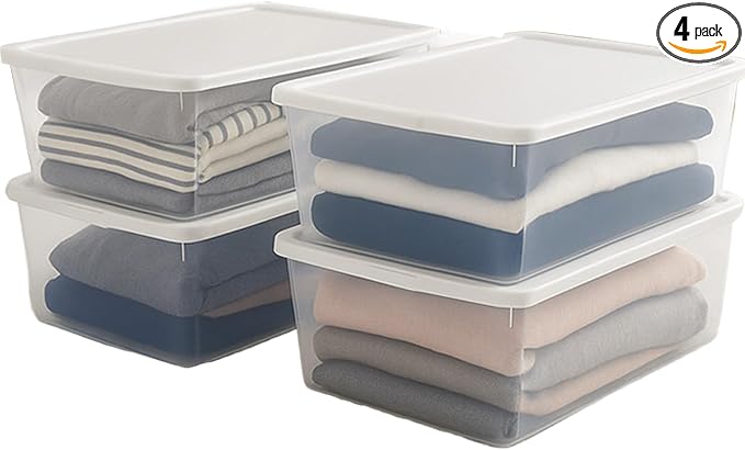 HOMZ 4-Pack Snaplock, Small Clear Plastic Storage Bins with Lids, 12 Quart, White