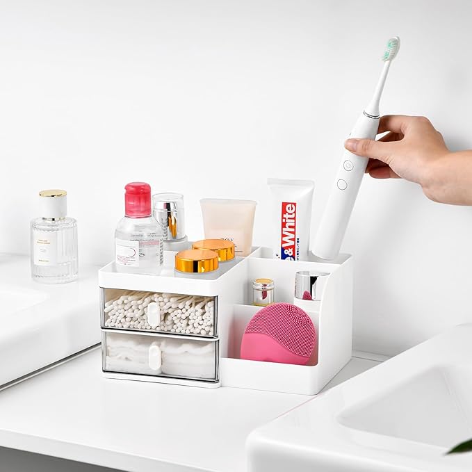VITVITI Toothbrush Holders for Bathrooms Countertop, 6 Slots Toothpaste Bathroom Counter Sink Organizer with Drawers, Plastic Bathroom Organizer for Vanity/Makeup/Office White