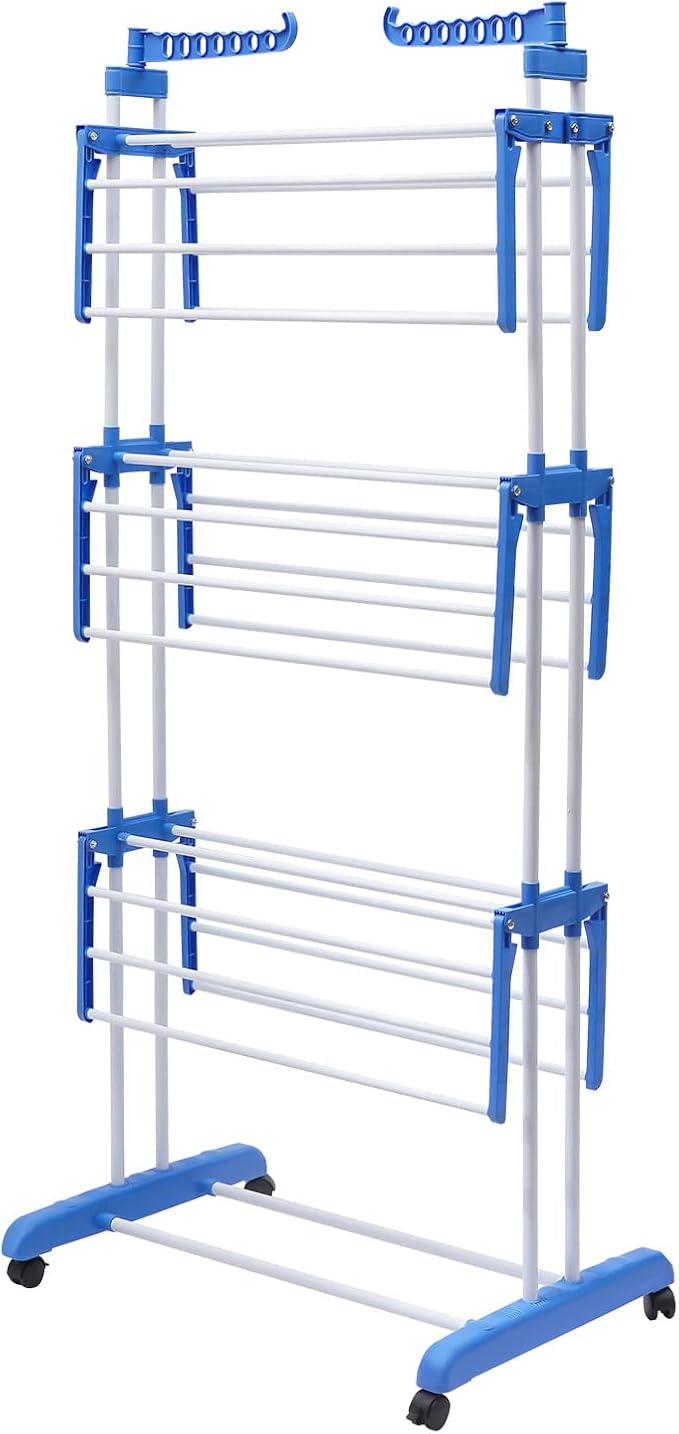 Foldable Clothes Drying Rack Stand 4-Tier,Garment Rolling Dryer Hanger with 4 Wheels,Easy to Assemble, Indoor Outdoor Use(Blue)
