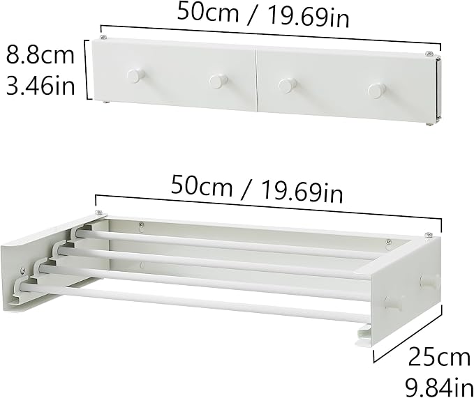 RFOUO Wall Mounted Clothes Drying Rack,White 19.7" with Hooks | Foldable,Space saver Drying Rack for Laundry Balcony Bathroom, 4 Aluminum Rods, 40 lb Capacity