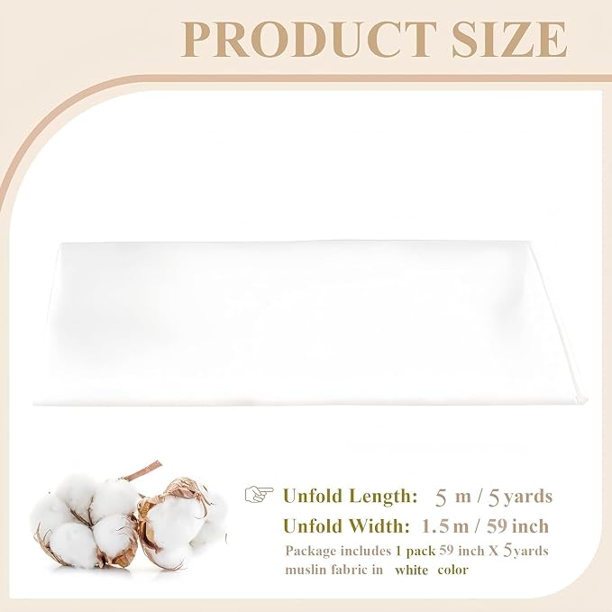 100% Cotton Muslin Fabric, 59 Inch X 5 Yards White Fabric by The Yard | Medium Weight, Easy Care, Fabric for Sewing Embroidery , Garments, Crafts Material, Apparel Cloth