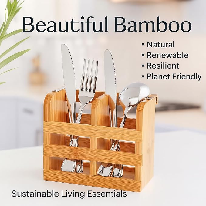 HIC Kitchen Bamboo Dish Rack Caddy, Natural Bamboo, Drying Organizer | Stainless Steel Hooks, Fits Rack #97086, Elevated Airflow Design, Fast Water Evaporation, Rinse Clean