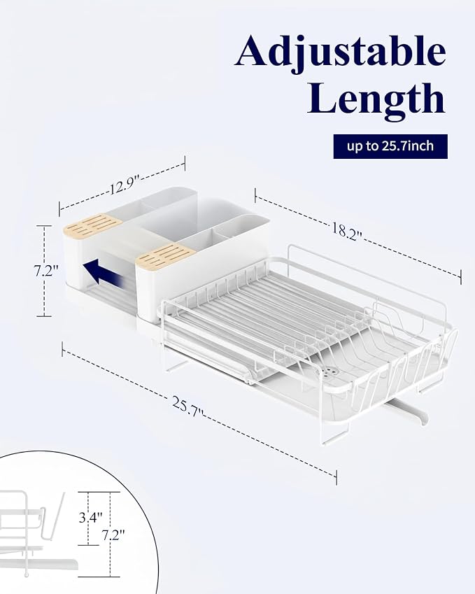 Kitsure Extendable Dish Drying Rack, Large Drying Dish Rack with Cutlery & Cup Holders, Multifunctional Dish Racks for Counter with Drainage, 18.2"-25.7" L x 12.9" W, White