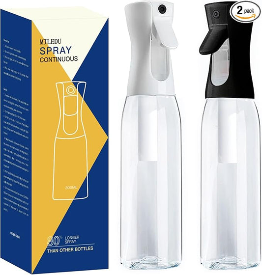 Fine Continously Mist Spray Bottle (10.1oz/300ml) for Body moisturizer Hair styling Cleaning Garden plant care etc.,Hair Mister Misting Continuous Mist Spray Bottle,2Pcs (Black+White)