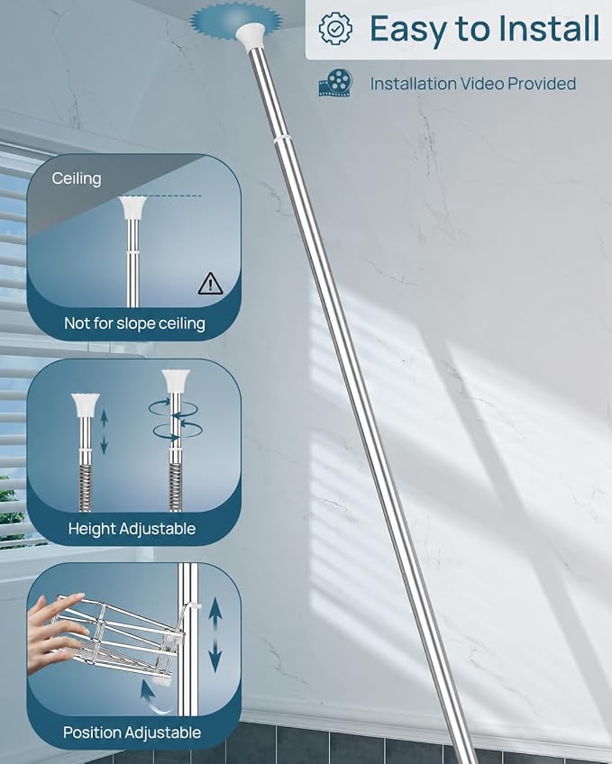 SEIRIONE Corner Shower Caddy Tension Pole, Quick Setup, Rust-Free Bathroom Shower Organizer Corner for Bathtub Shampoo Storage, 4-Tier Adjustable Shelf, Drill Free, Fits 34 to 116 Inch Height, Silver