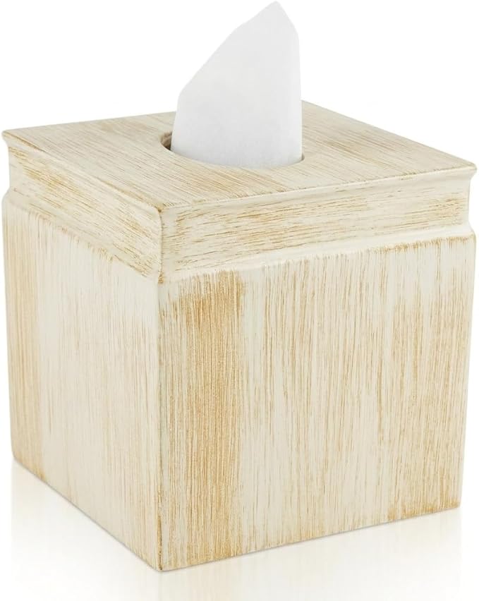 Creative Scents Rustic Luxe Tissue Box Cover Square – Beige Tissue Box Holder Square with Oval Opening for Easy Access - Tissue Holder with Modern Rustic Design Fits Any Farmhouse Bathroom Decor