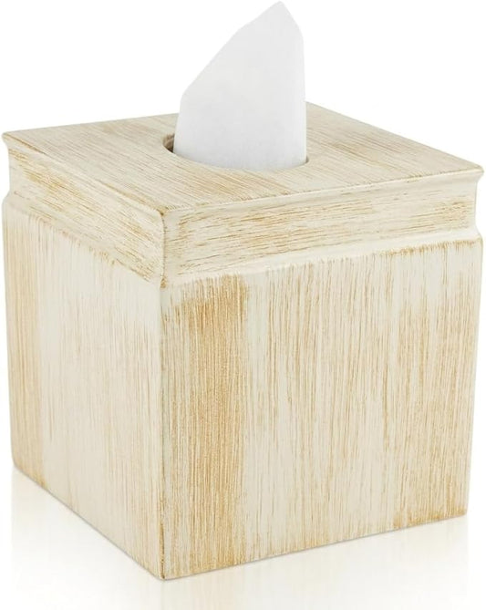 Creative Scents Rustic Luxe Tissue Box Cover Square – Beige Tissue Box Holder Square with Oval Opening for Easy Access - Tissue Holder with Modern Rustic Design Fits Any Farmhouse Bathroom Decor