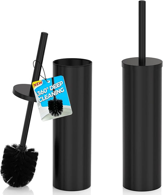 DOWRY Toilet Bowl Brush and Holder for Bathroom, Deep Cleaning Toilet Brush and Holder Set with Long Handle, Hidden Toilet Bowl Brush with Replaceable Head,Modern Decor Black Round 2PCS