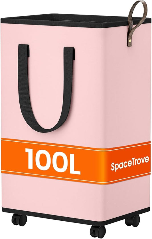 SpaceTrove Rolling Laundry Basket with Wheels, Laundry Hamper, 100L, Pink | Collapsible, 4 detachable wheels including 2 with brakes, sturdy handle, metal frame, for dorms, bathrooms and bedrooms