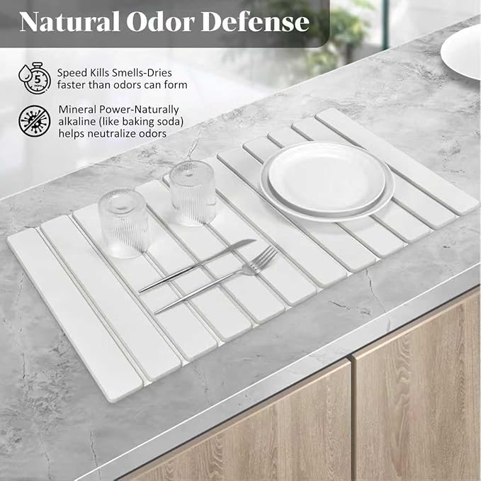 2 PCS Extra Large Stone Dish Drying Mat for Kitchen Counter, Foldable Quick Drying Dish Mats, Super Absorbent Drying Pad, Kitchen Counter Mats for Dishes, Bottles, Cups(White 28"×16" & 8"x4")