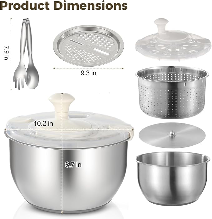 Stainless Steel Salad Spinner Set with Grater and Food Clip, 6L Large Metal Salad Spinner, Fruit Vegetable Dryer with Built-in Drain Spout for Dehydrating Fruit and Vegetable, Pasta (Silver)