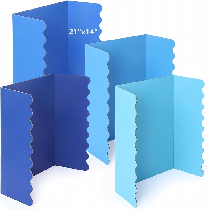 Mooliwe 4 Pack 21" x 14" Blue Trifold Poster Board, Mini Foldable Corrugated Presentation Display Board with Scalloped Border for Science Fair Events, School Projects, Back to School Supplies