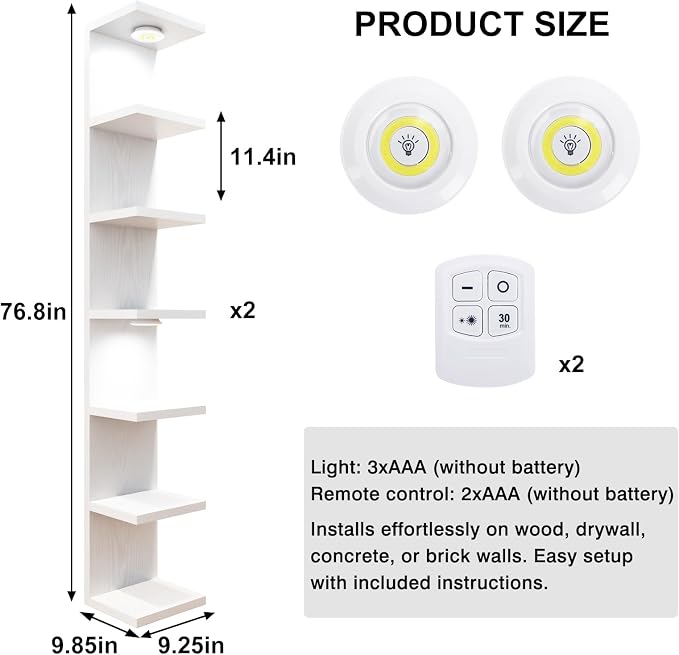Fixwal 7 Tier Wall Mounted Shelf Set of 2 White Lack Wall Shelf with LED Lights Floating Shelves for Home Decor Organizer Display