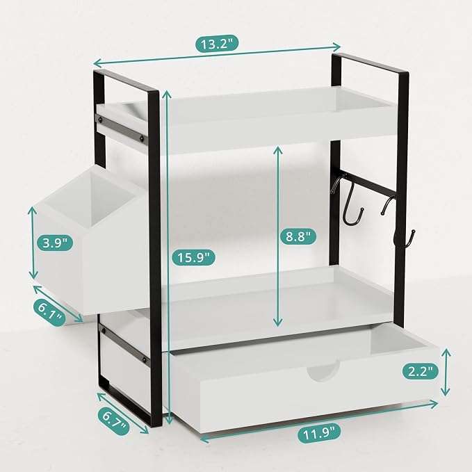Kottwca 2-Tier Bathroom Counter Organizer with Drawer, Basket & Hooks, Wooden Vanity Shelf for Skincare, Perfume & Makeup Storage(White)