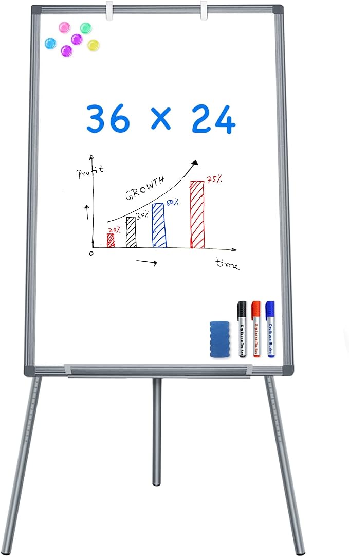 Maxtek Easel Whiteboard 36 x 24, Stand Tripod with Height Adjustable, Gray | 3' x 2' Magnetic Dry Erase Surface, Flipchart Stand, Portable Tripod Easel for Office, Teaching, Home and Classroom