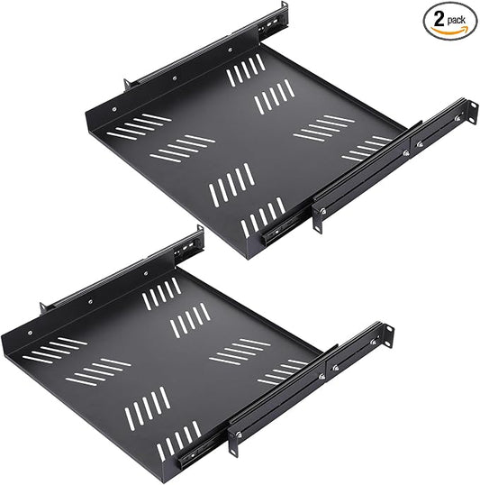 2 Pcs 1U Sliding Rack Shelf, Standard 19 Inch 4-Post Server Rack Adjustable Mounting 15-29 Inch Depth Vented Cantilever Shelf,Support up to 40 LBS Network Cabinet, AV Racks IT Equipment