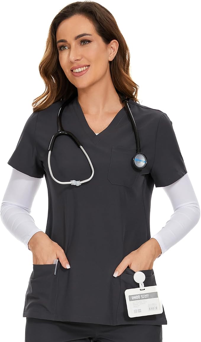 Scrubs Tops for Woman - Soft Stretch, V-Neck Tops | 3 Pockets, Side Split Design, Short Sleeve, Breathable & Lightweight Nursing Shirt, Easy-Care Fabric for All-Day Comfort