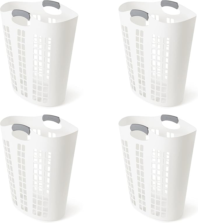 Gracious Living 4 Pack Easy Carry Flex Hamper, Large 87.5L Laundry Basket | Lightweight Plastic Ventilated Clothes Bin with Handles, White