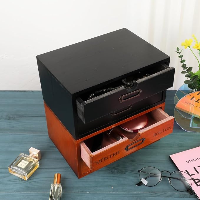 Small Wooden Drawers Wooden Box with Drawer Black | 2 Drawer Storage Box for Apothecary Cabinet, Apothecary Drawers，Desktop Organizer with Metal Handles for Office，Home