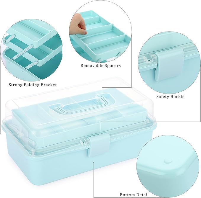 BTSKY 3-Layer Plastic Dividing Storage Box Craft Organizer and Storage | Portable Handled Art Supply Organizer with Adjustable Spacers Multipurpose Home Utility Box for Medicine Sewing(Blue)