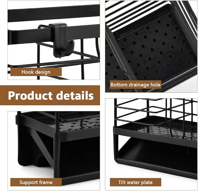 Stainless Steel Utensil Holder, Utensil Drying Rack with Drain Tray, 3 Compartments Kitchen Counter Drainer Basket Cutlery Organizer for Forks, Chopsticks, Spoons(Color:Black)