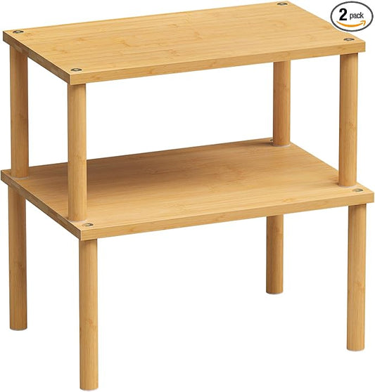 VERTORGAN Cabinet Organizer Shelf(Set of 2),Kitchen Counter Shelves,Bamboo Stackable Expandable Spice Rack Countertop(Medium)