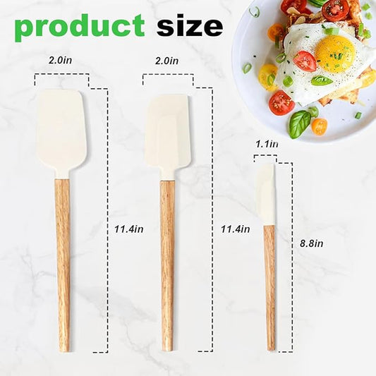 3-Piece Heat Resistant Silicone Spatula Set for Baking - Wooden Handle Spatula Baking Spatula, Non-Stick for Cooking, Mixing, Frosting & Jams (Beige)