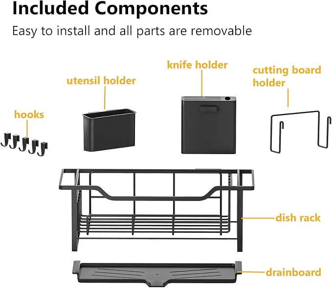 AIDERLY Narrow Dish Drying Rack Dish Drainer, Black | Auto Drain, Iron Construction, Removable Cutlery Basket, For Kitchen Counter
