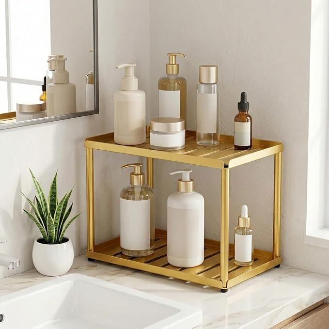 2 Tier Bathroom Counter Organizer, Rectangular Vanity Organizer Shelf, Skincare and Makeup Countertop Storage Rack for Kitchen, Bathroom, Bedroom (Gold)
