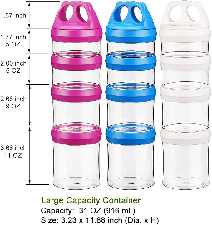 SELEWARE Stackable Snack Containers for Kids Toddlers, Red Blue & White | Portable Food Storage Containers for Snacks Formula Powder Drinks and Travel, Twist Lock System Airtight Leak-proof BPA Free