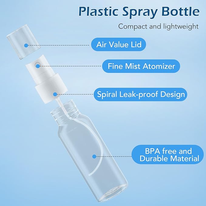 Zoizocp Spray Bottles, 2oz/50ml Clear Empty Fine Mist Plastic Mini Travel Bottle Set, Small Refillable Liquid Containers with 2pcs Funnels and 24pcs Labels (6 Pack)