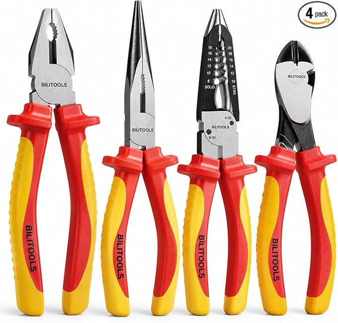 BILITOOLS High Leverage 1000V Insulated Pliers Set, Cr-Mo Electrician Tools | 8" Lineman, Needle Nose, Wire Stripper & 7" Diagonal Cutting Pliers, Multipurpose Stripping & Cutting, Electrician Tools