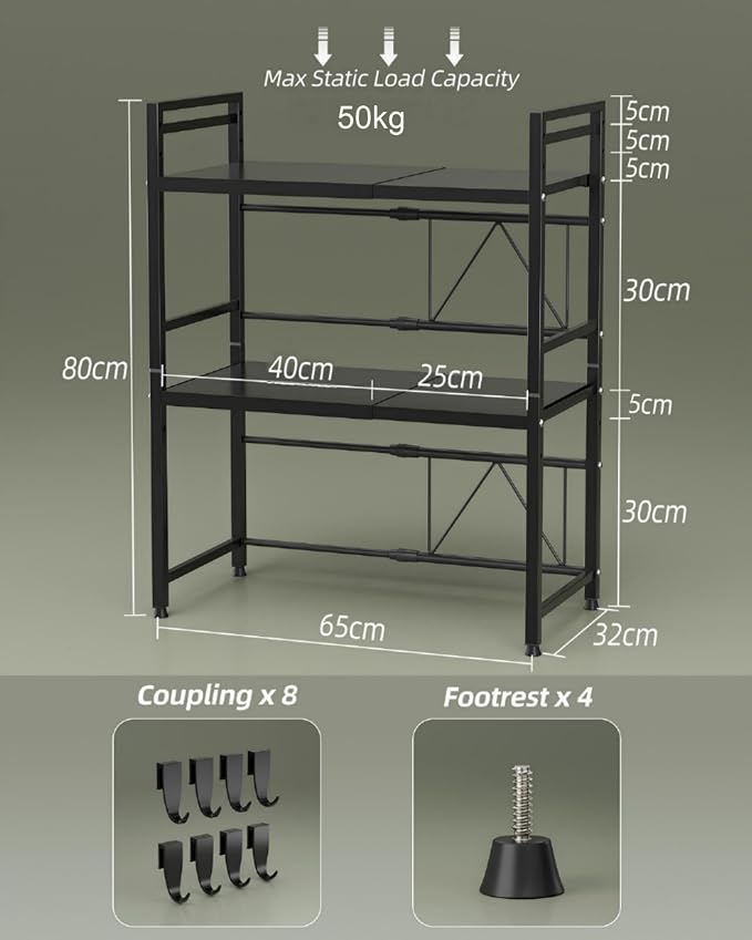 NETEL 3 Tier Expandable Microwave Stand countertop,Microwave Oven Rack | microwave shelf, storage shelves for pans &appliances,Adjustable partition height，8 Hooks,110lbs max load,Black