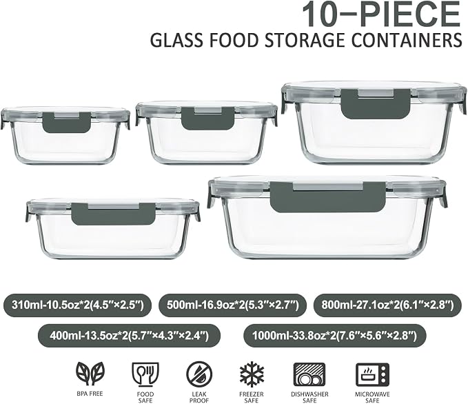 M MCIRCO 10-Pack Glass Food Storage Container with Lids, Airtight Lunch Bento Boxes, Glass Meal Prep Container,Microwave, Oven, Freezer and Dishwasher Friendly