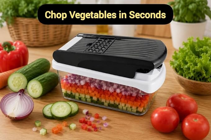 15-in-1 Vegetable Chopper and Mandoline Slicer with Container, Multifunction Food Chopper, Onion Cutter, Veggie Dicer, Fruit Slicer, Kitchen Gadget with Stainless Steel Blades, Black